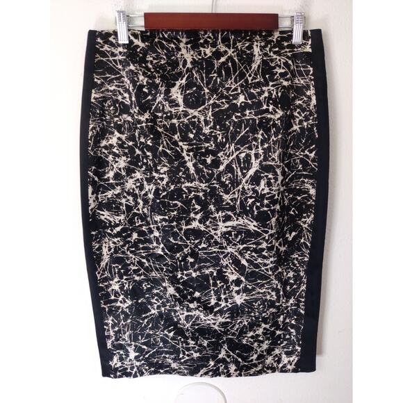 Cue Women's Black Ivory White Marble Print Contrast Stripe Pencil Skirt Size 14 - Picture 1 of 7